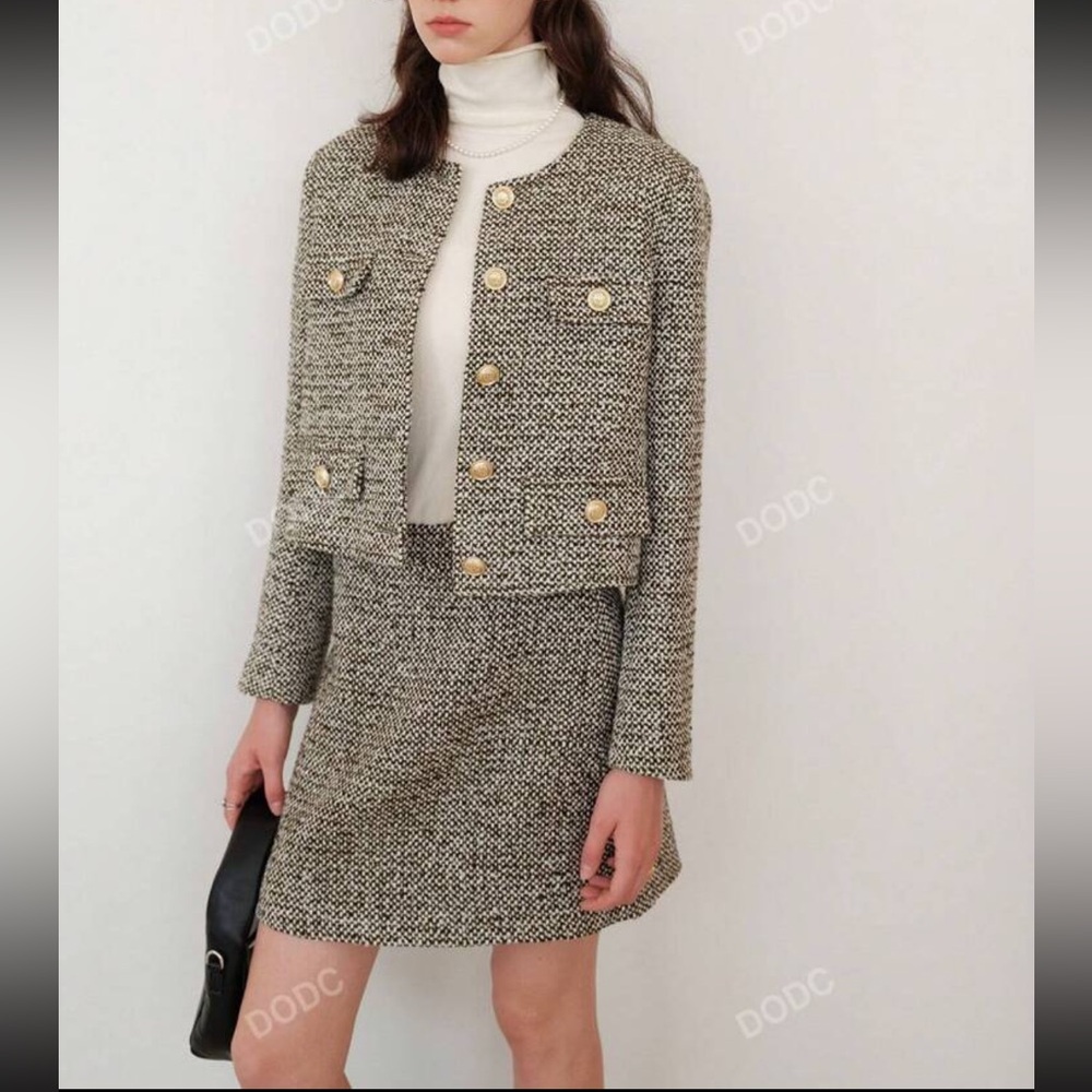 2 piece set- Green/ivory tweed textured collarless blazer cardigan & mini skirt - Picture 2 of 16